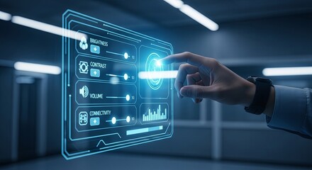 A person's hand manipulating a glowing blue futuristic user interface with various control settings and data visualizations.