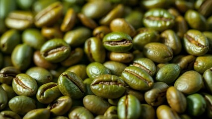 Fresh green coffee beans gently rotating under soft diffused light create a vibrant display. These green coffee beans showcase smooth textures and inviting colors. Ideal for coffee-related content,
