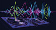 © fackul - Electro turntables with sound waves illustration. Nightclub scene with DJ equipment
