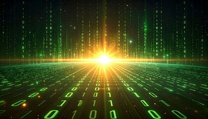 Digital world visualization, with binary code streaming towards a bright sun. Green data streams converge, conveying futuristic innovation