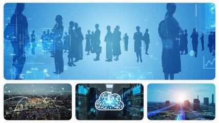 Wall Mural - A collage of various digital technology images, transitioning from a white background