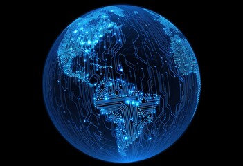 Wall Mural - blue digital globe with circuit lines and global network connections, representing the concept of international connectivity Generative AI