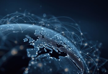 a digital globe with glowing connections representing global connectivity and data flow, set against the dark blue background of an abstract technology landscape Generative AI