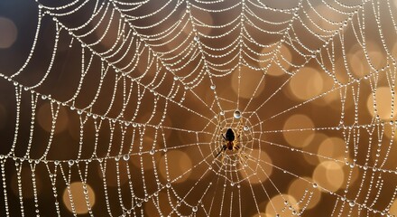 A small spider rests in the center of its intricate web, which is covered in sparkling morning dew drops against a golden bokeh background.