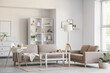 © Pixel-Shot - Interior of living room with baby highchair, sofas and plants