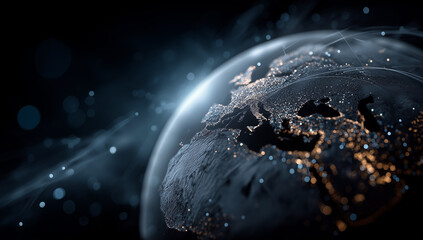 Wall Mural - Earth in the Cosmos: A captivating view of Earth from space showcases a luminous planet bathed in the cosmic glow of a dark universe. Illuminated continents and shimmering cities spark curiosity.