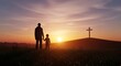 © Anomal - Resurrection of Easter Sunday Concept — Silhouettes of Father and Son Looking Toward the Cross on a Meadow at Sunrise, Symbolizing Faith, Hope, and Renewal