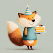 © H2 - Cute Fox Holding Birthday Cake, Celebrating with Festive Hat on, Cartoon Illustration for Celebration