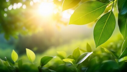 Fresh Green Leaves With Soft Sunlight Shining On Nature Background