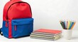 © Ilham - Backpack beside notebooks and pencils on white. Stationary object. Classroom concept. School supply flat lay. Student learning and study.
