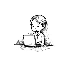 Focused little programmer engrossed in laptop screen creating code or designing website for