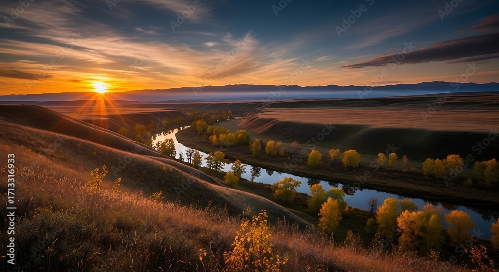 Foto Golden Sunset Over Winding River and Autumn Hills. do Stock ...