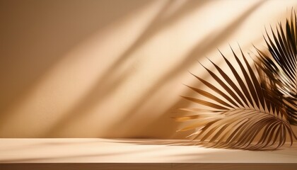 Wall Mural - Minimalistic Abstract Summer Background With Blurred Shadows Of Palm Leaves On Beige Tan Wall For Product Presentation
