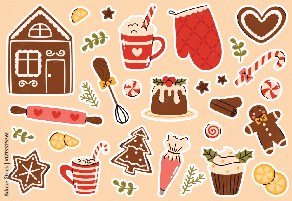 Sticker Vector Gingerbread A set of Christmas baking stickers. Gingerbread house, sweets, rolling ...