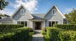 © hana - Elegant suburban residence showcasing symmetric architecture and manicured verdant landscaping