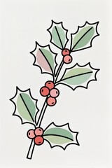 Wall Mural - a Minimal holly branch line art with pastel tones, trendy design, white background