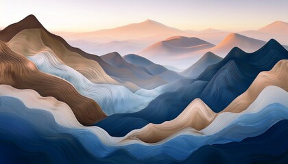Wall Mural - A Layered Design Of Abstract Mountains Featuring A Range Of Muted Tones From Light Pastels To Deep Blues And Browns Creates A Captivating Visual Effect