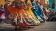 Traditional Mexican folkloric dancers in colorful dresses performing at Festival Internacional Cervantino parade in Guanajuato, showcasing heritage, culture, music, and vibrant national celebration.