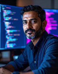 Focused programmer in a dimly lit room