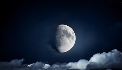Wall Mural - Half Moon Shining Brightly In The Dark Night Sky With Faint Clouds