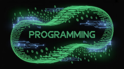Programming code software development technology concept with green digital circuit and design elements