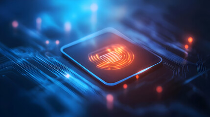 Close-up of a secure digital chip with vibrant circuits, representing innovation and modern security systems in technology.
