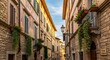© danang - Narrow Italian Street with Stone Buildings and Greenery.