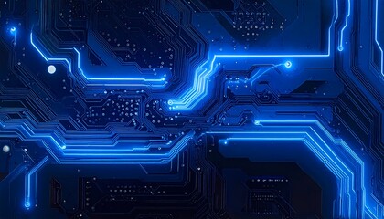 Abstract glowing blue circuit board with intricate digital pathways and data flow, representing modern technology and connectivity.