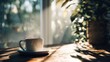 © nana - Serene morning coffee in a white cup with sunlight streaming through the window in a cozy home : Generative AI. High quality
