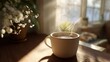 © nana - Serene morning coffee in a white cup with sunlight streaming through the window in a cozy home : Generative AI. High quality