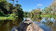 © doveller - Canoe Front Navigating River with Tropical Jungle in Daytime Adventure Mood