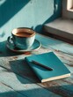 © nana - serene desk scene captures teal wooden workspace soft morning light featuring notebook pen lying flat alongside coffee cup. High quality
