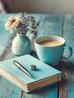 © nana - serene desk scene captures teal wooden workspace soft morning light featuring notebook pen lying flat alongside coffee cup. High quality