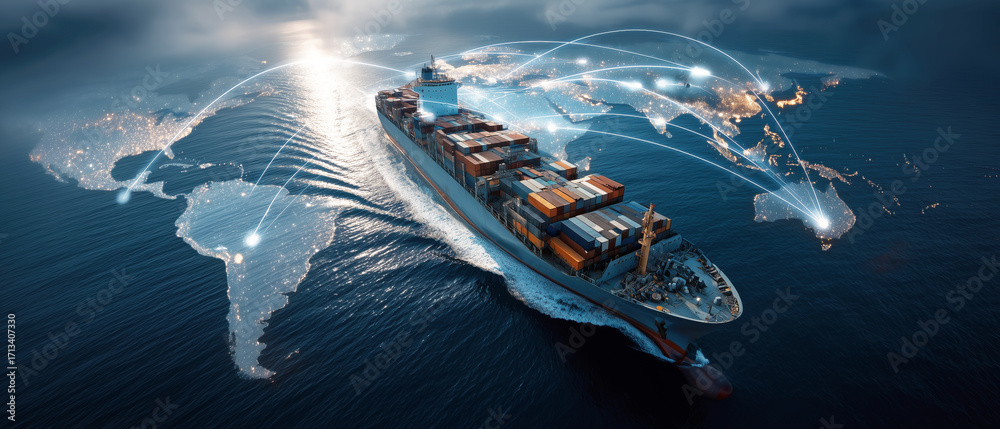 Banner of Container ship navigating global trade routes with digital ...