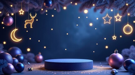 Festive christmas display with hanging ornaments, stars, reindeer, and bokeh lights on a dark blue background