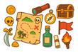 © Korina - Pirate adventure icon collection. Vector cartoon set of treasure hunt game items. Includes map, chest, skull, compass, spyglass, gold coin, saber, bottle, and torch icons.