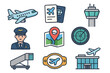 © Korina - Air travel and aviation icon set. Airport element collection with airplane, pilot, passport, ticket, control tower, radar, and navigation map. Vector line art illustration.