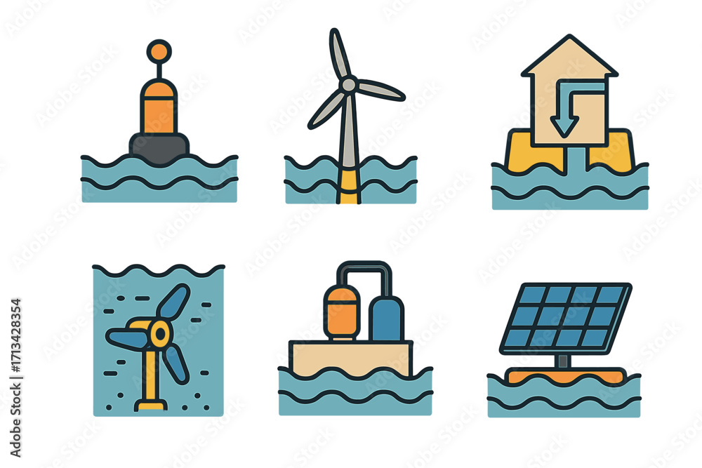 Renewable marine energy icon set. Sustainable ocean power sources. Flat ...