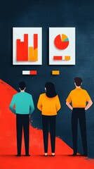 Team collaboration on project with charts and maps, flat design illustration