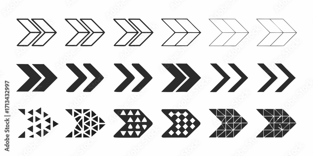 Collection of fifteen right pointing arrows in three rows with varying ...