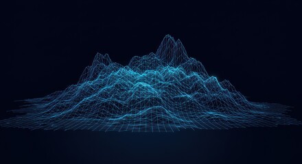 A neonblue wireframe creates a mountainous landscape against a dark background The lines form peaks and valleys resembling a digital elevation map