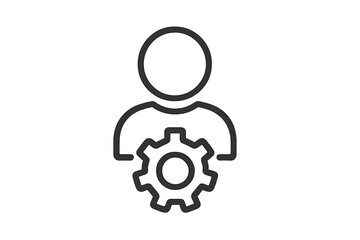 User settings icon with gear. Staff management, admin, developer concept. Person with cogwheel symbol for account configuration. Profile preferences, technical support pictogram.