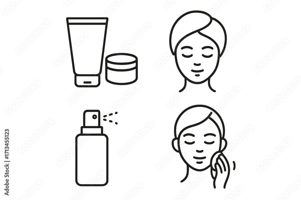 Skincare routine line icon set. Woman cleaning face with cotton pad, cosmetic cream tube, jar, spray bottle. Facial treatment, dermatology, cosmetology minimalist vector icons.