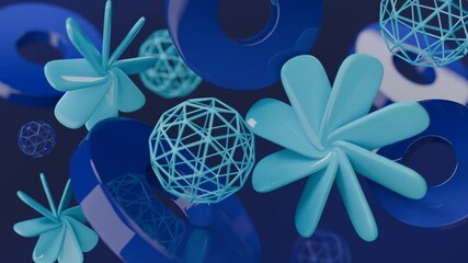 Whimsical collection of floating blue donuts and wireframe spheres. Ideal for modern and abstract designs in web and graphic projects.