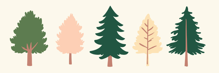 Set of five hand drawn style pine trees in flat minimalist vector design featuring varying shapes and shades of green and beige with simple trunks on light background