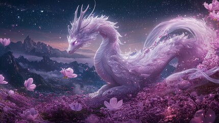 Wall Mural - a majestic dragon with glowing eyes and flowing white fur, surrounded by pink flowers and mountains 