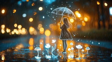 Wall Mural - a girl with long hair holding an umbrella in the rain, standing on a wet sidewalk with glowing mushr