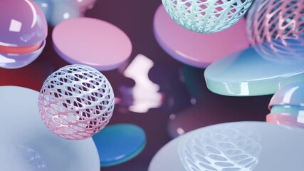 Wall Mural - Abstract geometric design with pastel discs and spherical cages floating in space. Suitable for backgrounds, digital art, and modern designs.