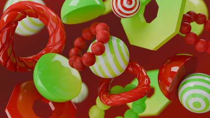 Wall Mural - Geometric design with red and green striped shapes like spheres, hexagons, torus beads. Ideal for backgrounds, web graphics, print materials, and presentations.