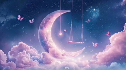 Wall Mural - a serene crescent moon with a swing, surrounded by butterflies and floating clouds in a starry night